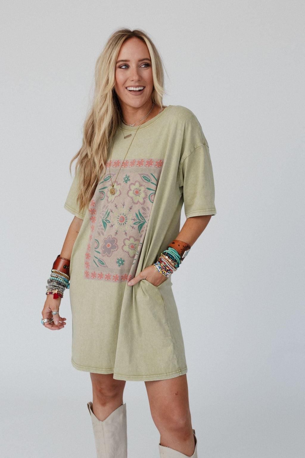 Fall Blossoms Tee Dress - Sage - Pre Order
